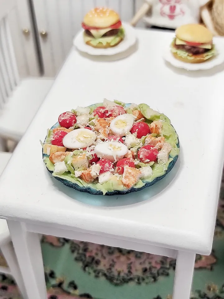 Caesar salad with chicken, salad for dolls, food for dolls house, food miniature, dollhouse miniatures, mini food
