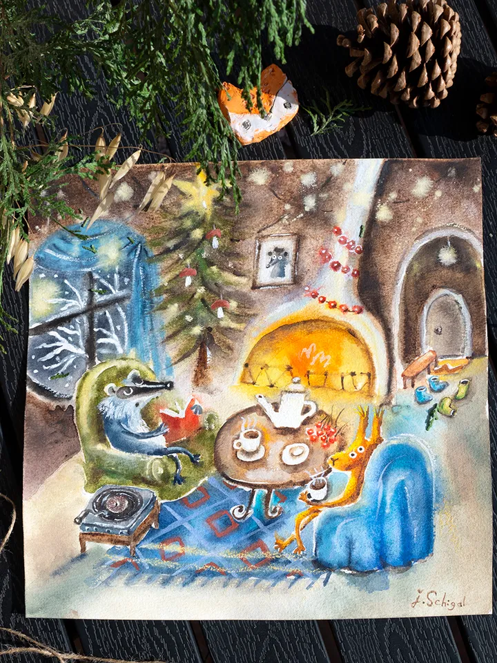 27×27cm Artwork by Julia Schigal "Dreaming of a White Christmas" - watercolor, gouache, pastel