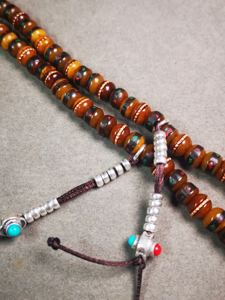 Gandhanra Handmade Antique Yak Bone Beads Mala,108 Prayer Beads Necklace with Bead Counters,for Meditation and Prayer