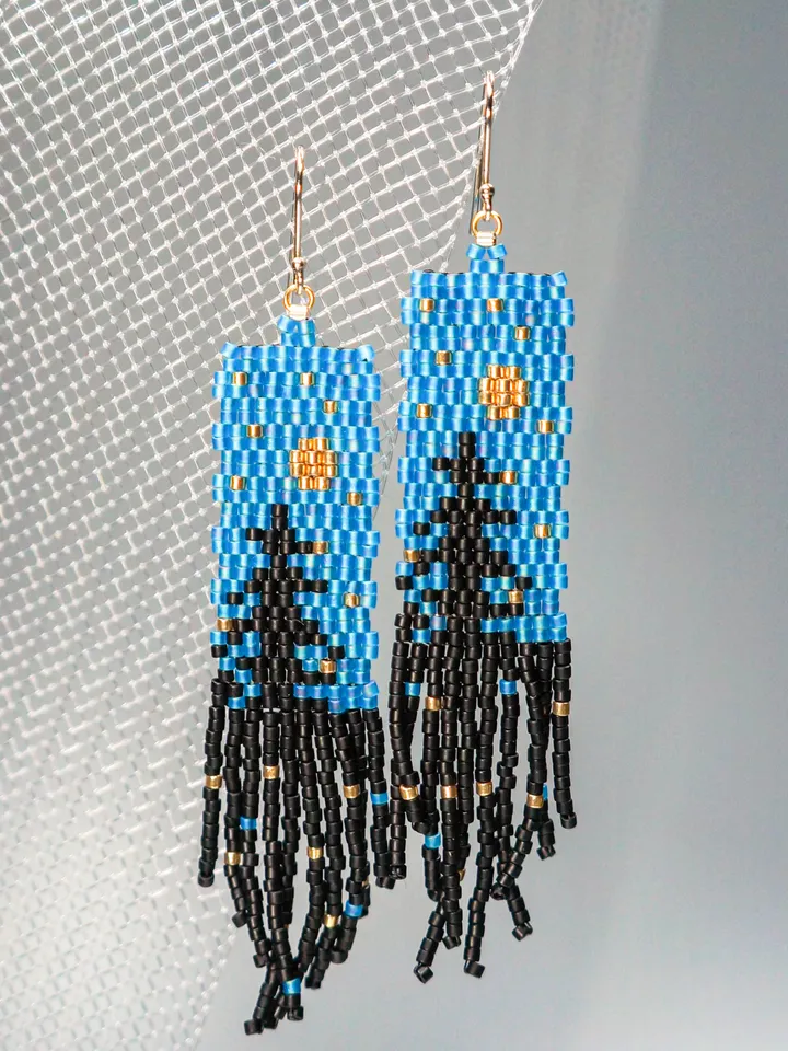 Trees-Patterned light blue sky at night Japanese Bead and sterling Silver Earrings A Fusion of Elegance and Nature