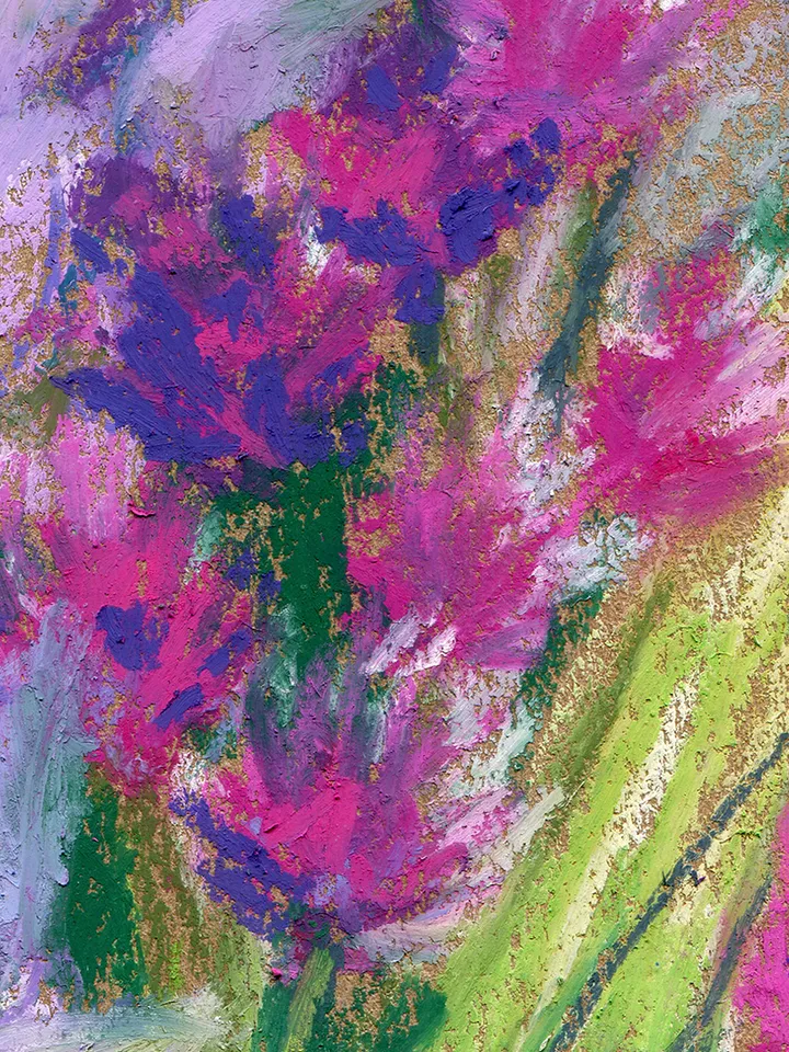 Bouquet of flowers Mint Basil Aroma herbs Oil pastel drawing on A4 craft paper.