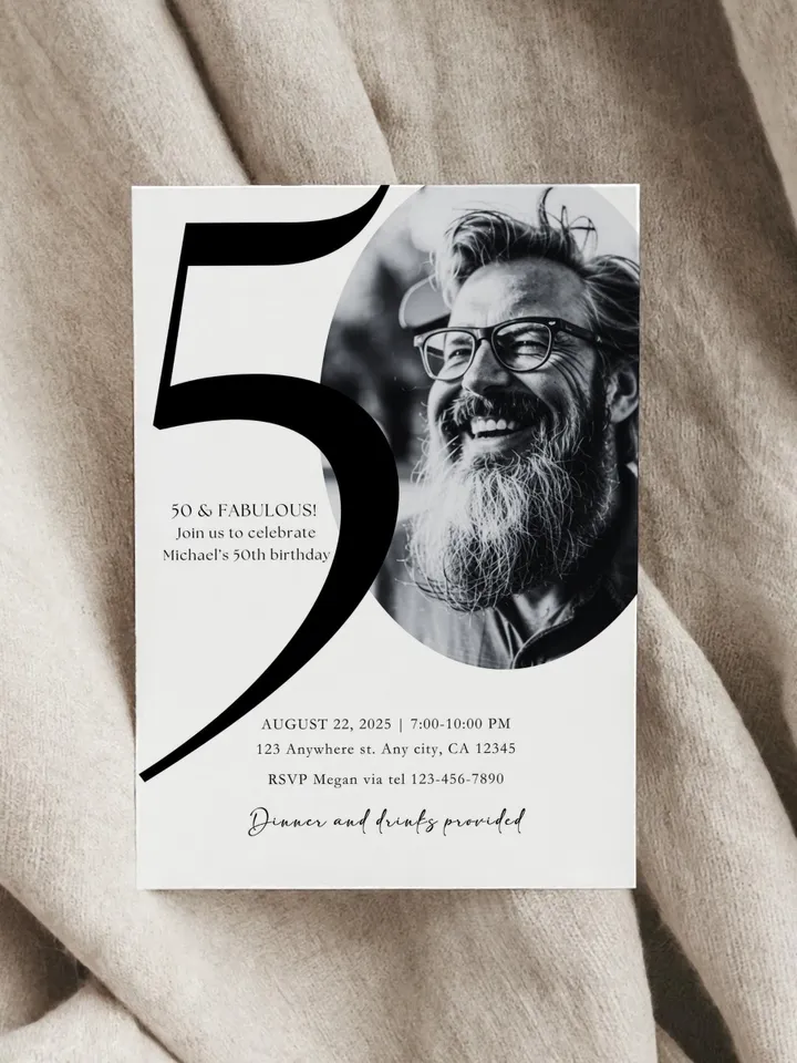 50th Birthday Party Invitation Card, Look Who's 50, Editable 50th Birthday Card Template, Printable Minimalist Birthday Photo Canva Invites