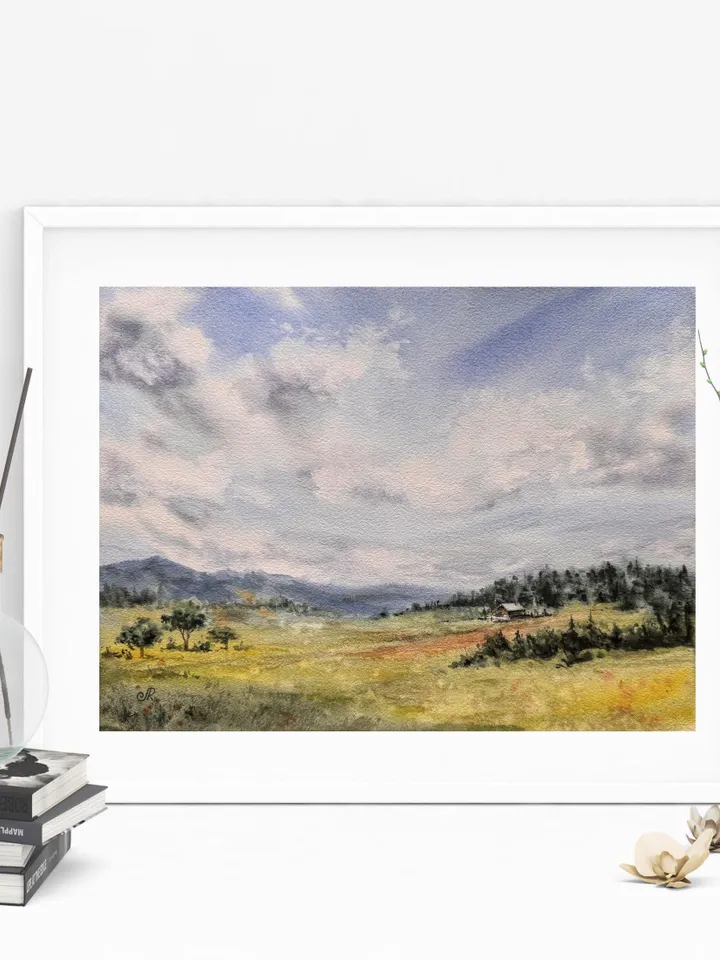 Landscape Original Meadow Painting Nature Watercolor Wall Art Field Painting