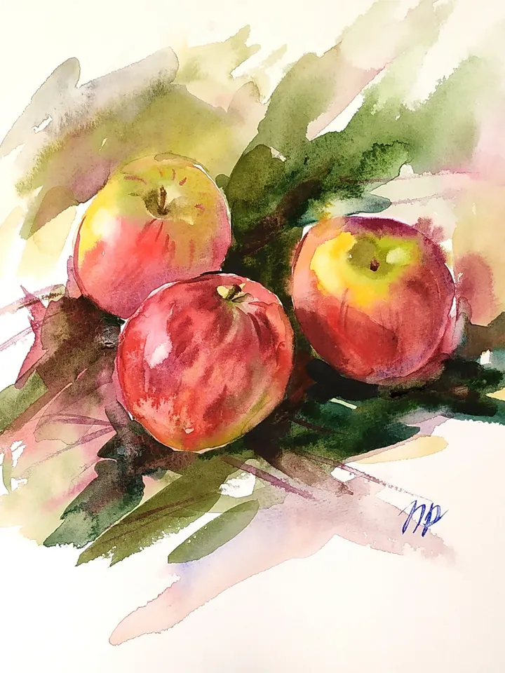 Apple Painting Fruit original art Three Red Apples watercolor wall art Apples artwork by Natalia Plotnikova