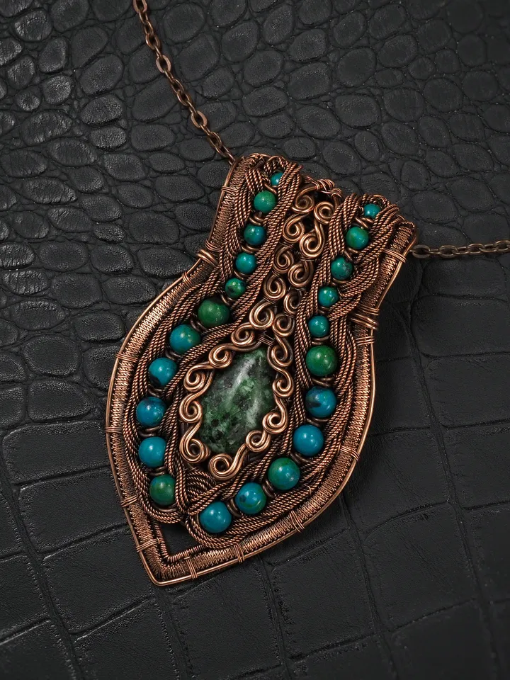 Zoisite and Chrysocolla Pendant Wire wrap copper necklace Handmade artisan jewelry