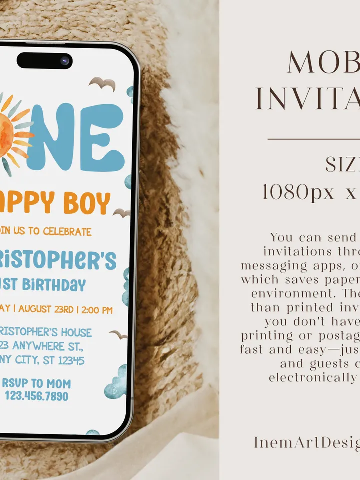 One Happy Boy Birthday Invite, First Birthday Evite, First Birthday Invitation, Phone Invite, 1st Birthday Invitation I120