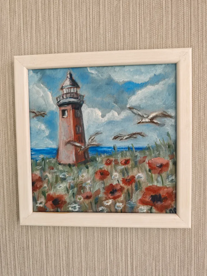 Lighthouse Landscape Original Painting Old Lighthouse Sea Coast Original Art Lighthouse Sea Modern Artwork Old Lighthouse Seascape Wall Decor 8x8 inches by OlgaSokolovaArt