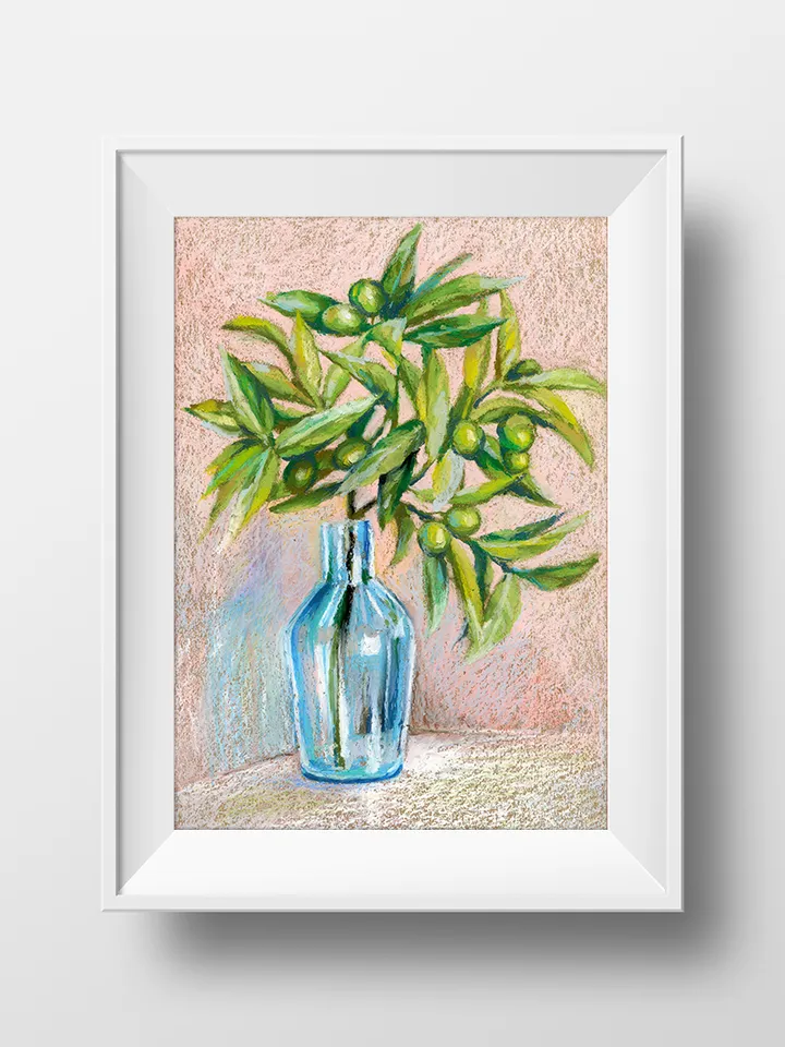 Print template, Still life, Olive tree branch in a glass vase, Digital file for printing and design, Poster for the kitchen