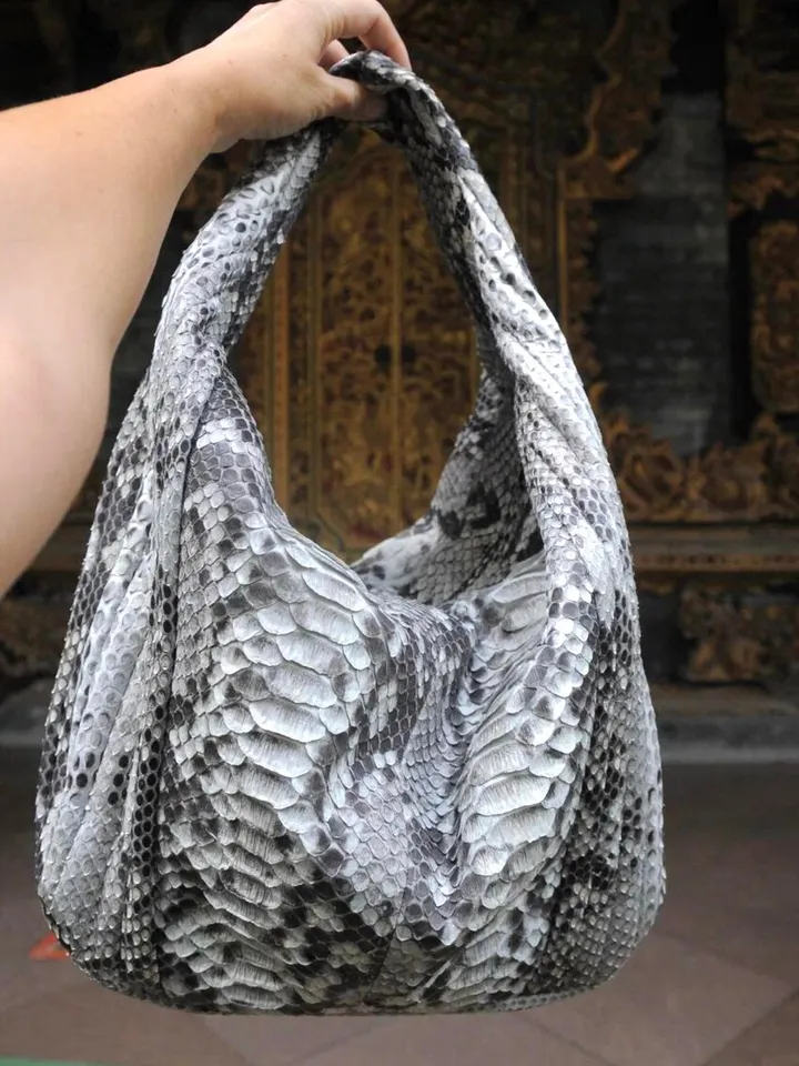 Big Soft Hobo Classy Sport Woman Stitched Bag | Purse Genuine Python Skin | Gray Big Elegant Leather Designer Soft Bag Snake | reptile hobo