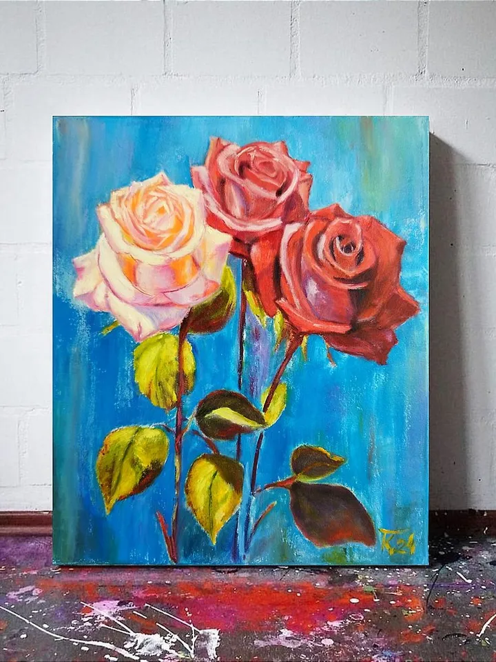 Original painting on canvas with roses, still life with flowers  50*40 cm
