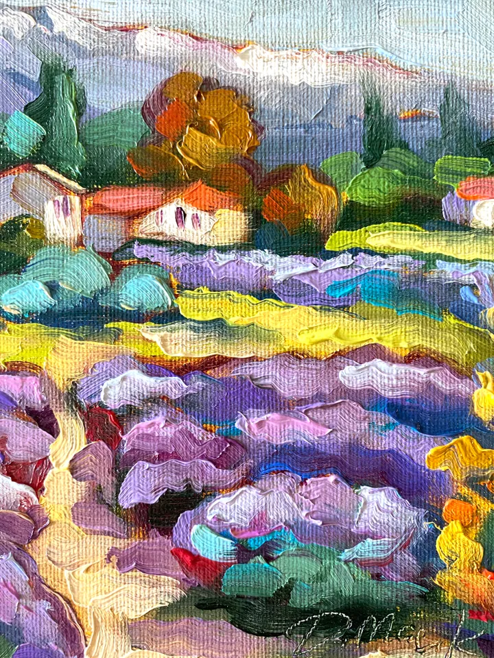 Lavender Fields Painting Tuscany Original Art Landscape Oil Painting Impasto Small Artwork 6x6 Tuscan Serenity Painting Wild Flowers