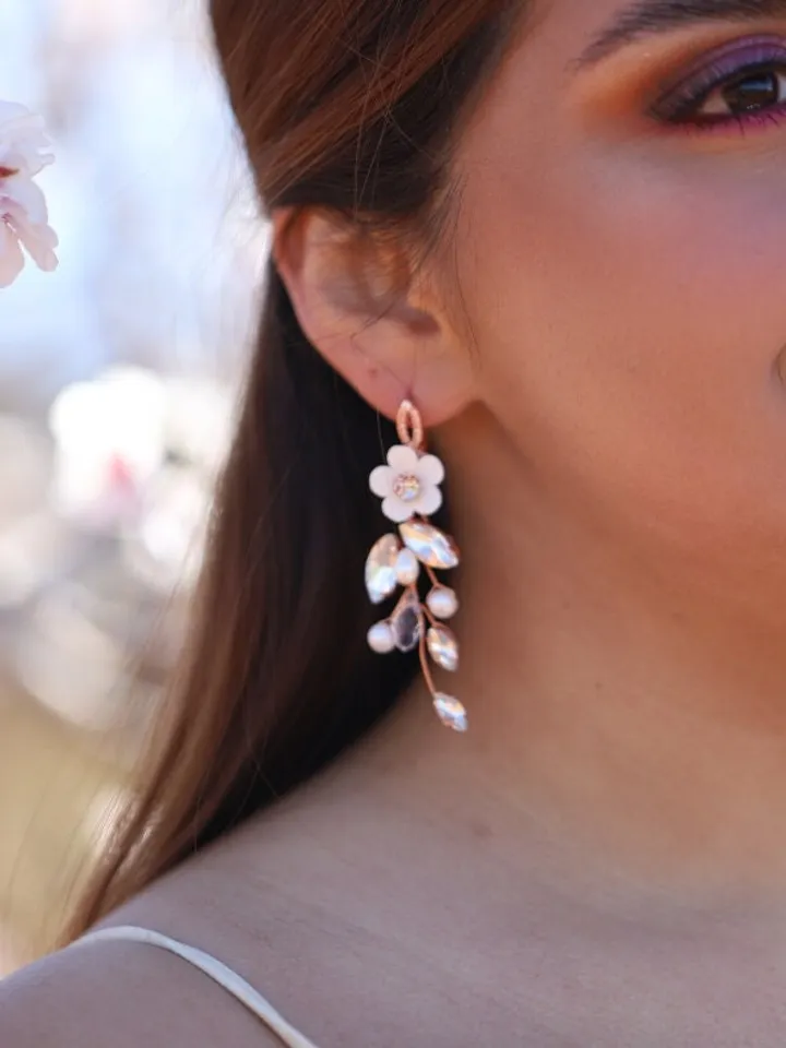 Rose Gold Delicate Porcelain Flower Wedding Earrings, Long Boho Wedding Earrings, Pearl Bridal Jewelry, Floral Chandelier Statement Earrings