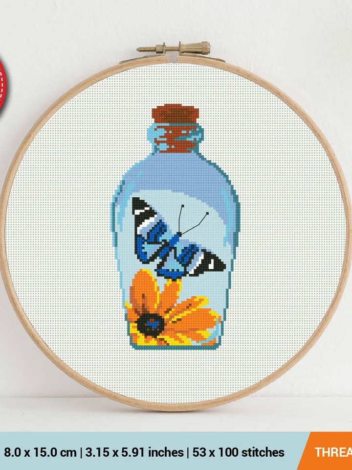Bottle with Butterfly Cross stitch pattern | Embroidery Pattern | Instant Download | Embroidery Designs