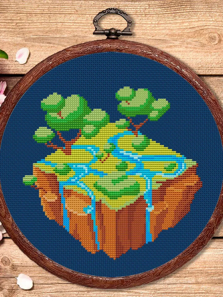 Flying Island Cross Stitch Pattern, Island Cross Stitch, Embroidery Travel, Travel Cross Stitch Pattern, Modern Cross Stitch #trl010