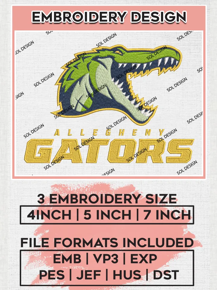 Allegheny Gators NCAA Team Mascot Logo Embroidery Design Files, NCAA Allegheny Gators Machine Embroidery, NCAA Teams, 3 sizes, NCAA Machine embroidery designs, Digital Download