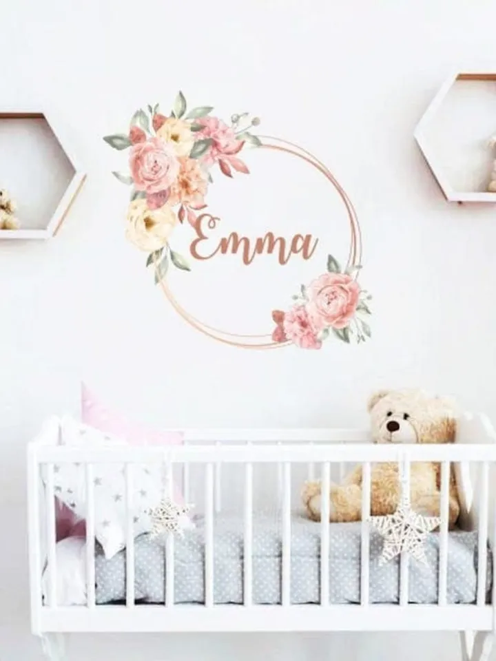 Custom Name Wall Decals/ Peony Decal/ Frame with Flowers Decals/ Flower Decals/ Nursery Stickers/ Girl Stickers/ Baby Decals / Floral Decals