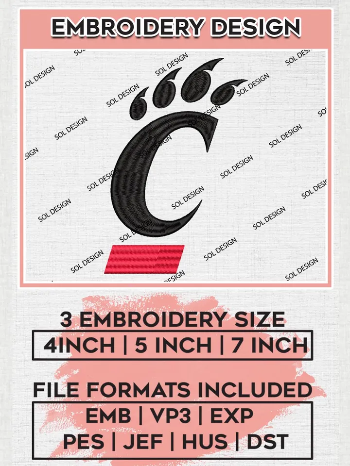 Cincinnati Bearcats Logo Machine Embroidery Design, NCAA Cincinnati Bearcats Embroidery Design Design files, NCAA Embroidery Designs, NCAA Machine Embroidery Designs, Digital Download