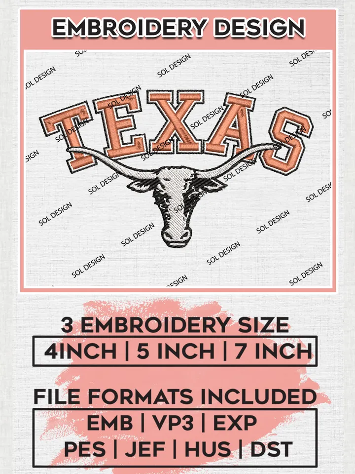 NCAA Texas Team Head Mascot Logo Embroidery Design Files, NCAA Texas Longhorns Machine Embroidery, NCAA Teams, 3 sizes, NCAA Machine embroidery designs, Digital Download