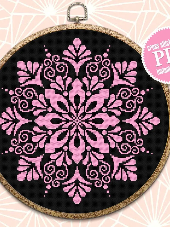 Easy mandala cross stitch pattern download PDF, Monochrome floral ornament cross stitch, Mandala pattern digital PDF, Beginner stitch #M91