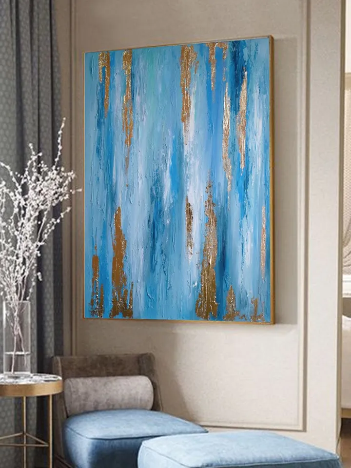 Blue Turquoise and Gold Abstract Wall Art Modern Original Oil Painting on Canvas