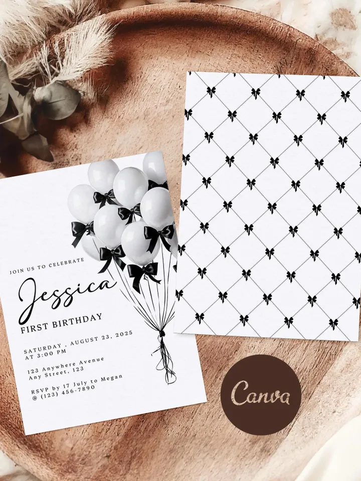 Editable Black & White Bow Balloon Birthday Invitation - Custom Canva Template, First Birthday Party Invite - WB211