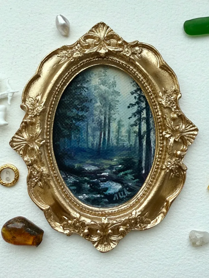 Enchanted Forest Landscape Oil Painting Original In Vintage Style Frame Small Framed Oval Painting Art