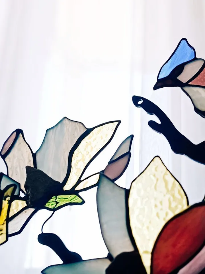 Jays on Magnolia Branch (Pink Large Flowers), Tiffany Stained Glass, Tiffany Glass Jay Birds on Magnolia Branch with Pink Blooms, Handcrafted Stained Glass Jays on Magnolia with Large Pink Flowers, Tiffany-Style Glass Art,Tiffany Stained Glass Composition
