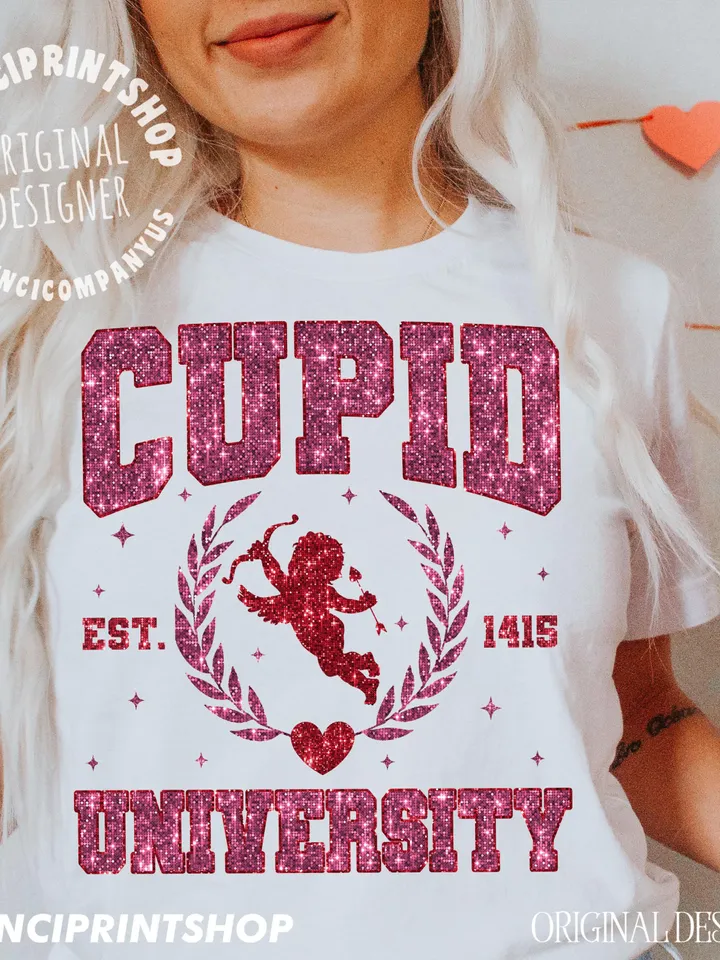 Glitter Cupid University PNG, Valentines Day T Shirt Sublimation, Retro Valentines png, Love Sublimation, Cupid png, Heart png, Valentines
