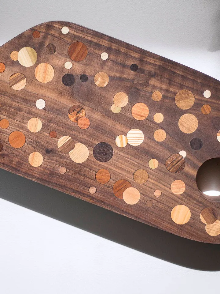 Walnut Multi Color Polka Dot Inlay Kitchen Board with Handle Hole