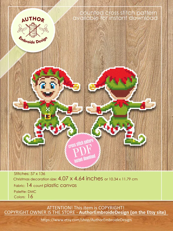 Christmas elf cross stitch pattern PDF download Double-sided Christmas tree decor for plastic canvas, Small Christmas ornament pattern #N123