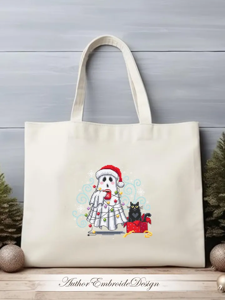 Christmas ghost with black cat cross stitch pattern PDF instant download Cute ghost cross stitch chart, Christmas pattern digital PDF #N151
