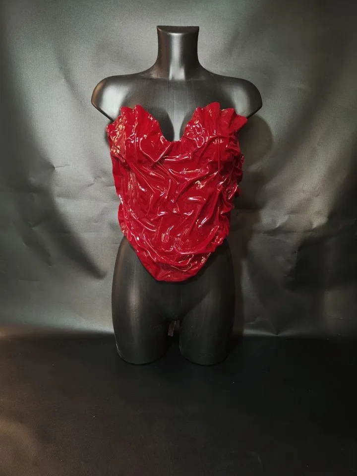 Red corset, cosplay corset, custom corset, crop top, plastic cotset, unique corset, festival corset, golden wave corset, photo props