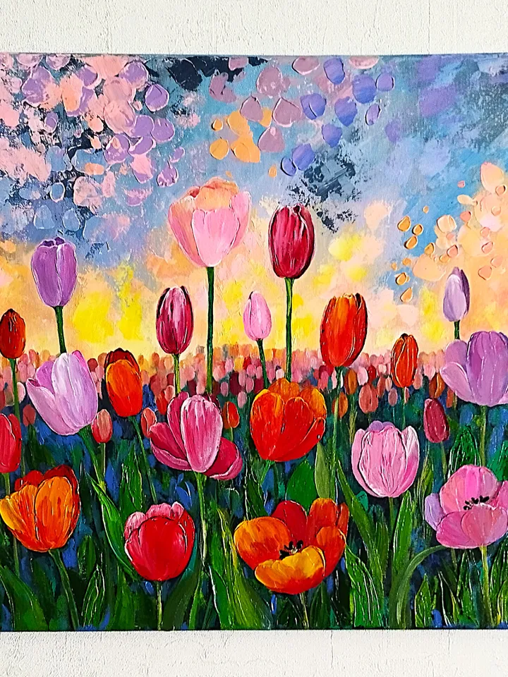 Tulips acrylic painting landscape art impasto. Flowers artwork