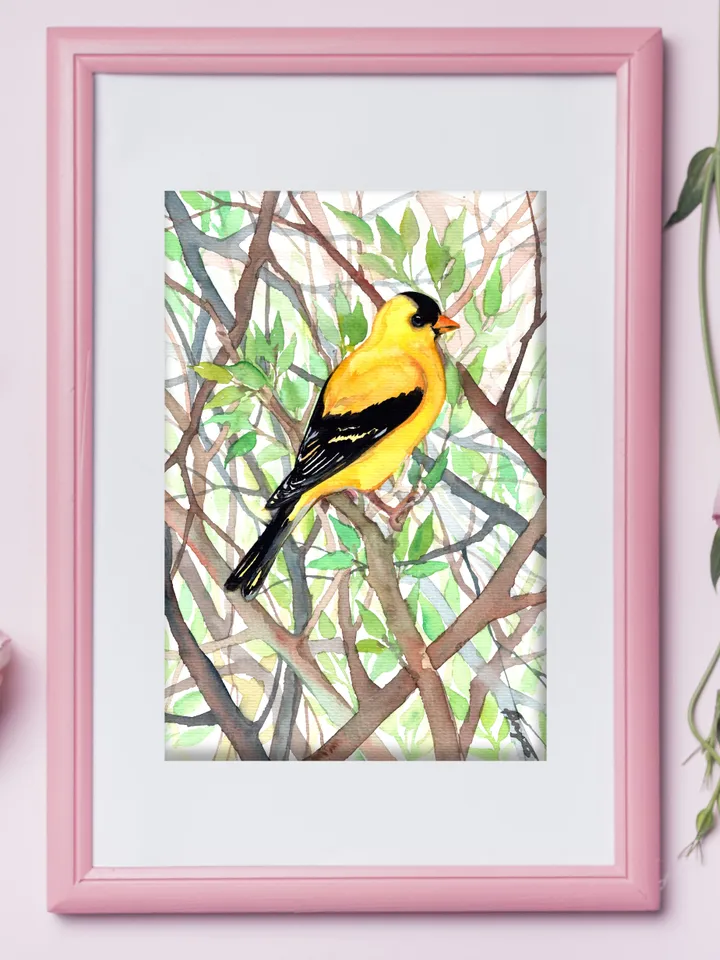 Goldfinch original watercolor, birds painting, wall decor, 7x10 in art for bird lovers by Anne Gorywine