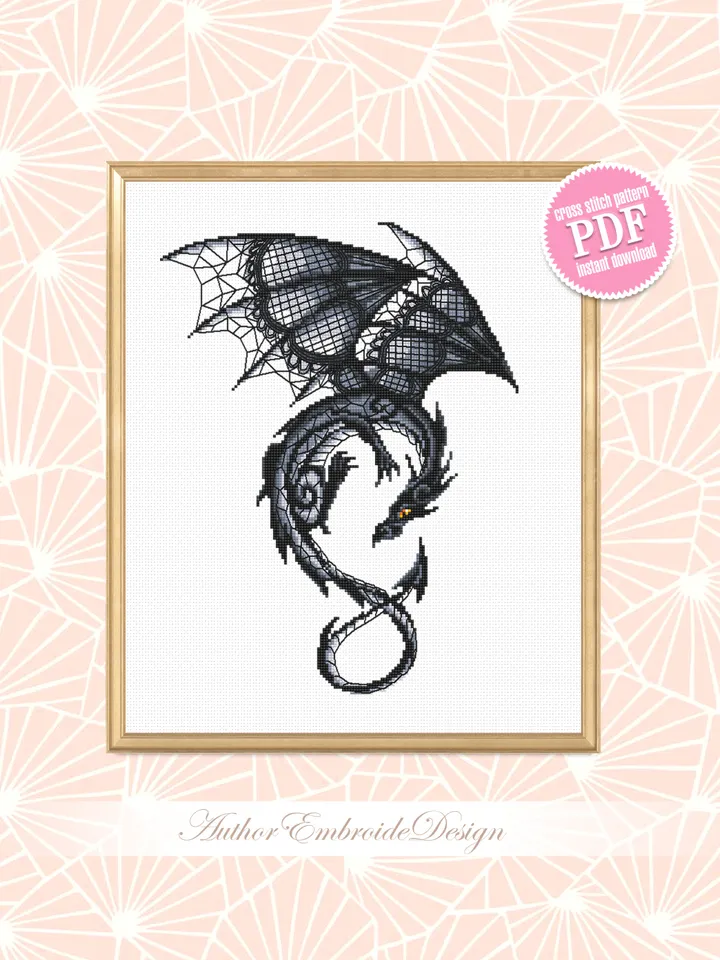 Dragon cross stitch pattern download PDF Fantasy animal cross stitch chart, Blackwork patterns Dragon embroidery PDF, Gothic home decor #D12