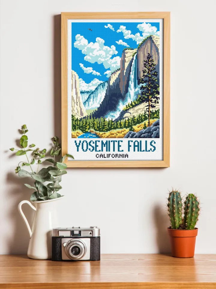 Yosemite falls national park cross stitch pattern PDF download Travel poster cross stitch chart, Mountain landscape pattern digital PDF #L96