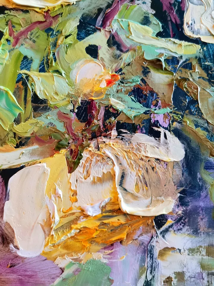 Yellow Roses Flower Bouquet Oil Painting Impasto Original Artist Svinar Oksana
