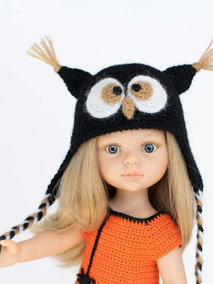 Crocheted Owl hat with ears for Paola Reina doll, Meadowdolls Dumplings, Little Darling, Siblies rrff for Halloween