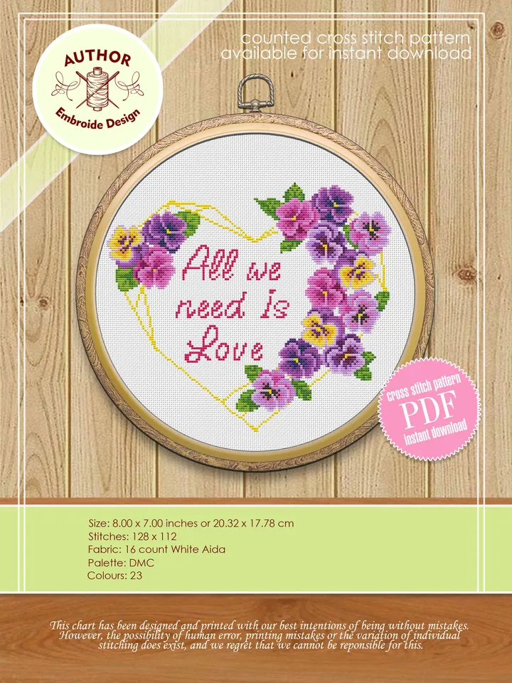Heart frame cross stitch pattern PDF download Framed quote cross stitch All we need is love, Flower wreath cross stitch chart, Valentine Q56