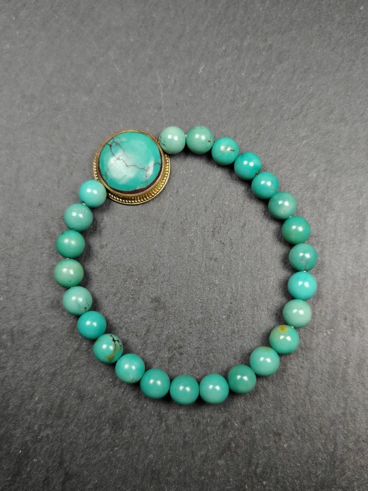 Gandhanra Authentic Original TURQUOISE Gemstones TIBETAN BRACELET - Old Beaded Wrist Mala Bracelet,7mm Beads, 19cm perimeter