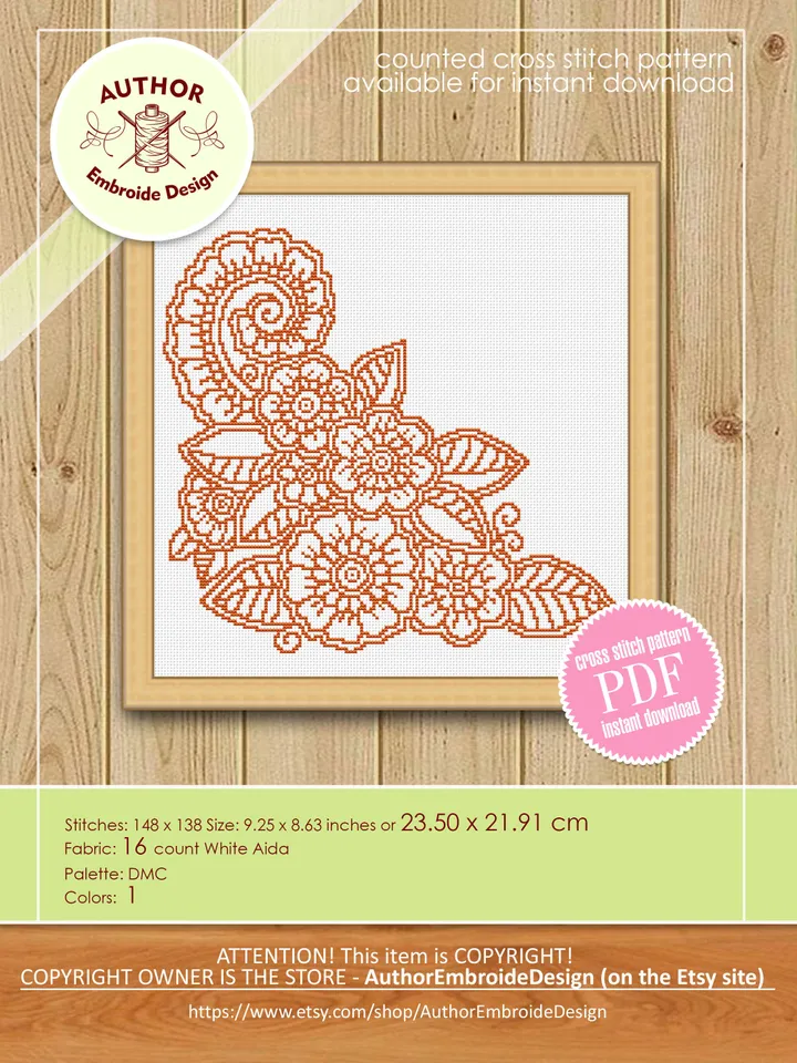 Flower mandala cross stitch pattern download PDF Flower corner cross stitch chart, Floral mandala pattern digital PDF, Flower ornament #M37