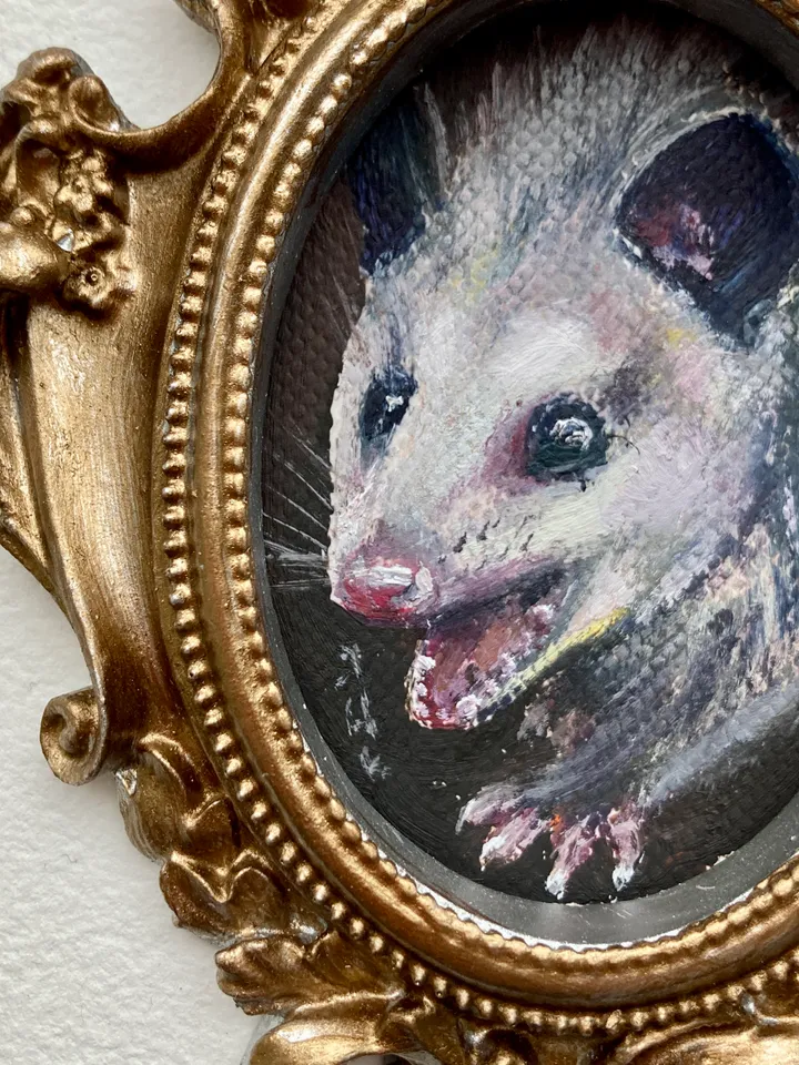 Opossum Oil Painting Original In Vintage Style Frame Small Framed Animals Wildlife Art