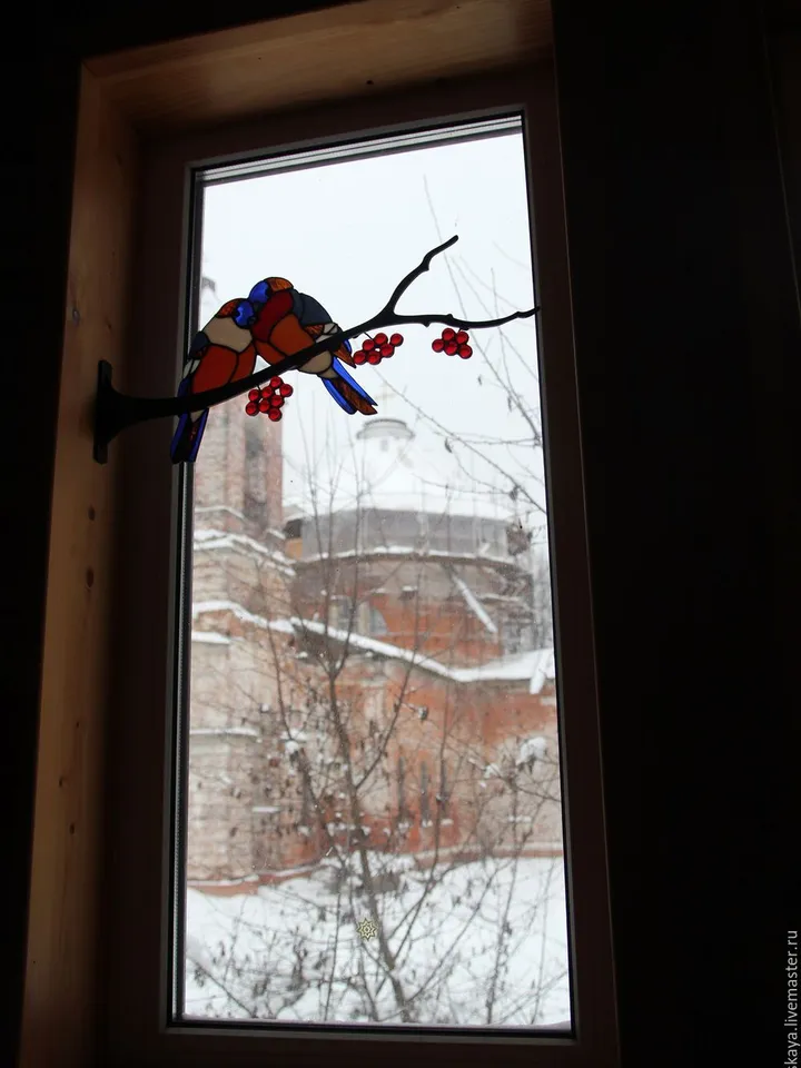 Lovebirds – Bullfinches on a Branch, Lovebirds Stained Glass Panel, Stained Glass Bullfinches on Branch, Romantic Bullfinches in Winter Art, Handcrafted Stained Glass Lovebirds, Winter Birds Stained Glass Decoration, Bullfinches with Berries Stained Glass