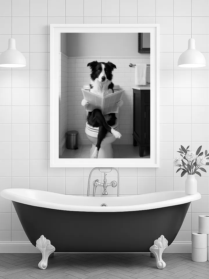 Funny Dog Reading on Toilet Wall Art, Border Collie Bathroom Humor Print, Pet Lover Digital Download