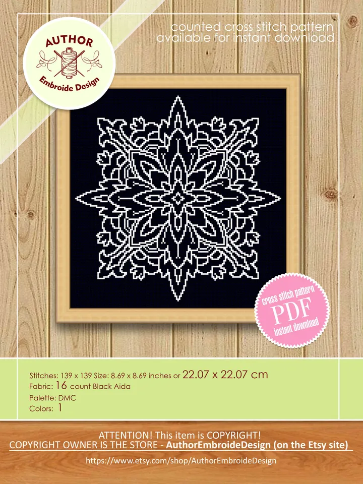Square mandala cross stitch pattern download PDF Monochrome cross stitch Easy mandala embroidery beginners Modern quick cross stitch #M85