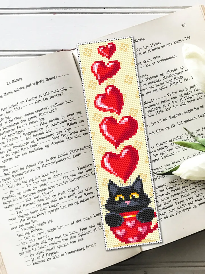 Cat Bookmark cross stitch pattern download PDF Handmade bookmark, Cute Black cat embroidery, Valentine bookmark Cat cup, Love hearts #B111