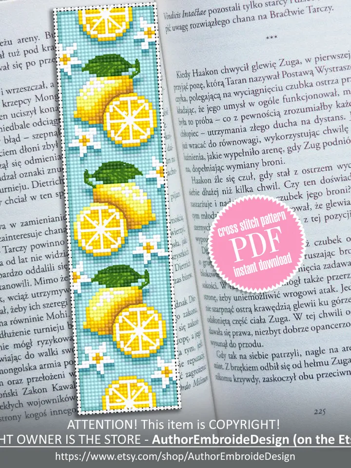 Bookmark lemon cross stitch pattern download PDF Unique bookmarks for women Fruit cross stitch Digital bookmark pattern Book lover gift #B53