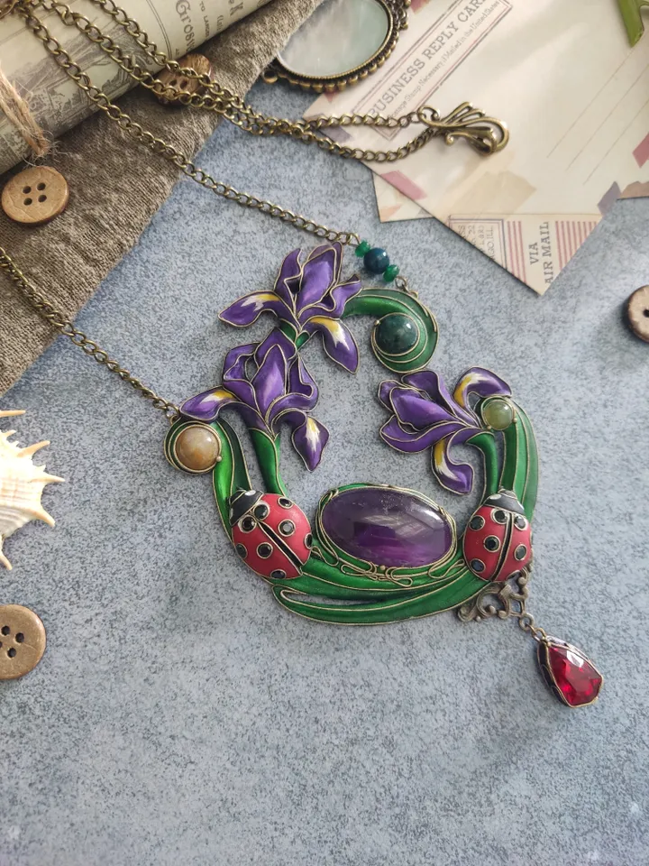 Japanese Iris, Fringed Iris Necklace, Shaga Flower, Ladybugs necklace
