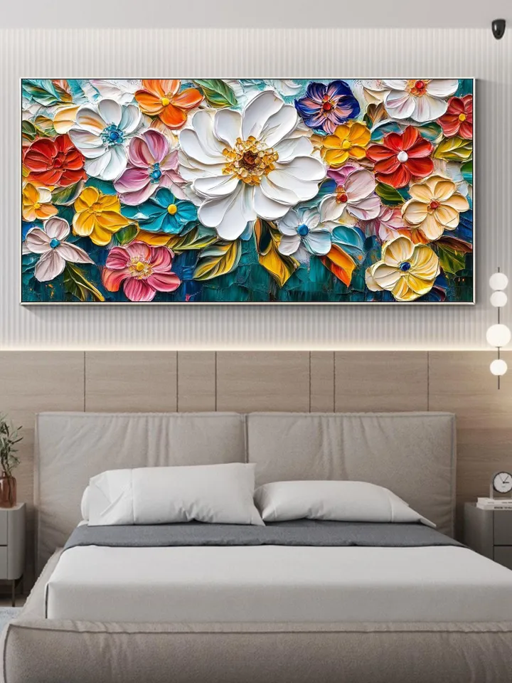 Large Impasto Floral Painting, Textured Colorful Flower Artwork, 3D Thick Paint Palette Knife Original Art, Abstract Flower Bouquet Painting