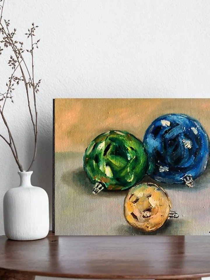Christmas Decor Picture with Christmas Balls Small Oil Painting 15x20 cm